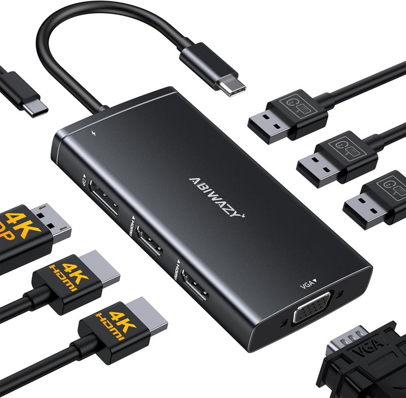 ABIWAZY محطة إرساء USB C لشاشتين مزدوجتين لأجهزة HP و Dell و Lenovo Thinkpad و Surface، 8 في 1 محول مركز متعدد الشاشات إلى HDMI مزدوج 4K و DisplayPort و VGA و 00W PD و 3 USB لأجهزة الكمبيوتر المحمولة بنظام Windows (أسود) - Image 1